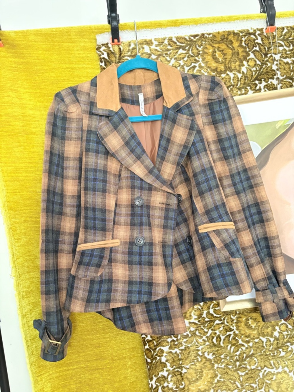 Willow & Clay Plaid Double-Breasted Equestrian Blazer in Tan and Blue Plaid